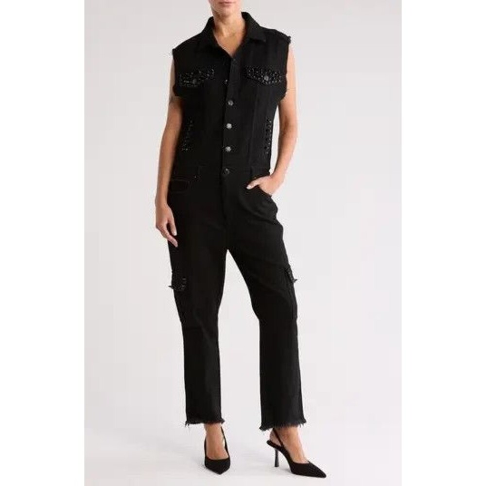 Rebecca Minkoff Black Sleeveless Raw Edge Button Up Brooklyn Boilersuit M-NWT